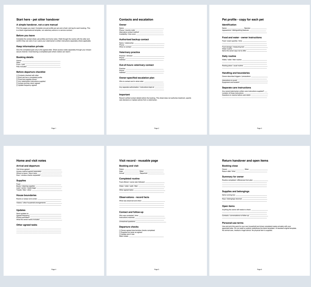 Pet Sitter Handover Pack | Printable Pet Instructions & Visit Log (A4 + US Letter) - Image 2